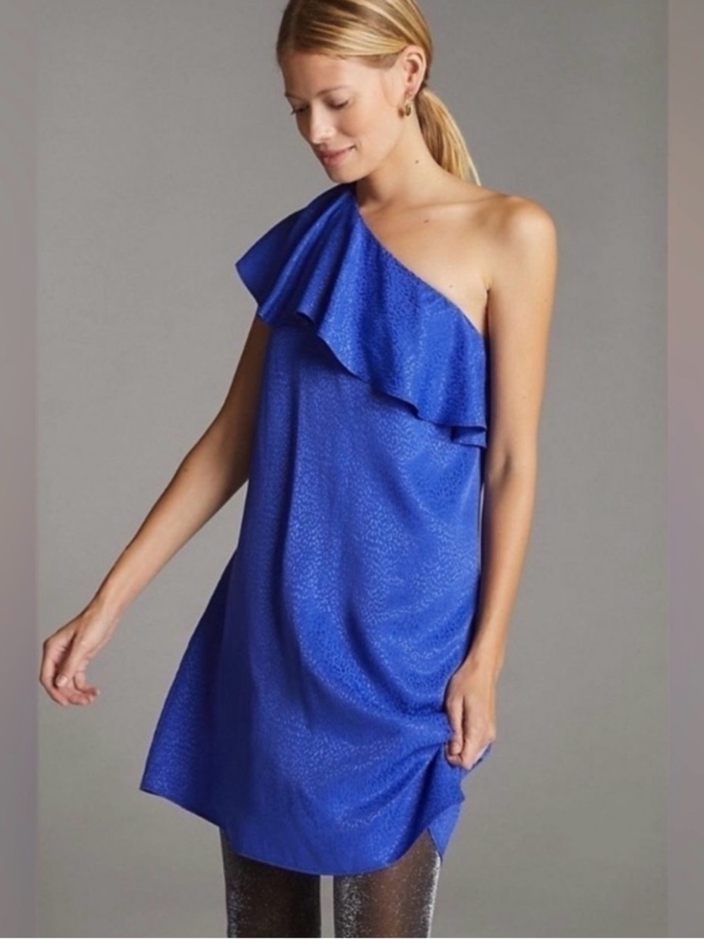 By Anthropologie One Shoulder Ruffle Shift Dress Cobalt Blue